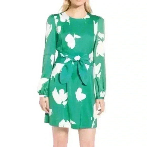 Lewit Dresses & Skirts - Lewit Green & White Floral Stretch Silk Long Sleeve Round Neck Belted Dress 14